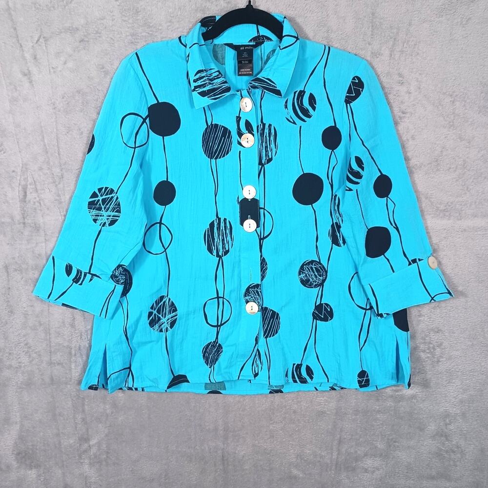 🎨 Ali Miles Art to Wear Blue Abstract Crinkle Blouse  PS